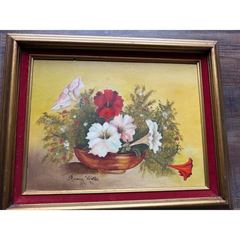 Vintage Signed Floral Oil Painting 1980 Petunias Hibiscus Framed